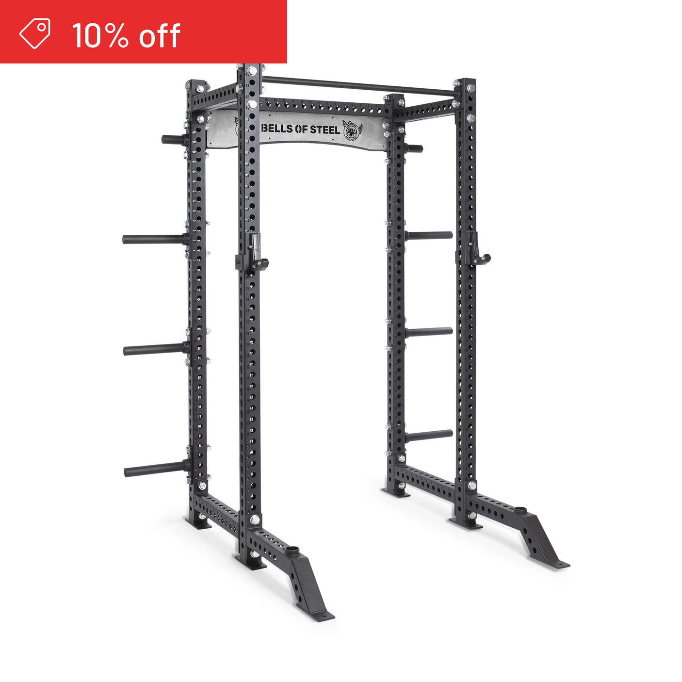 The Bells of Steel Manticore Collegiate Power Rack Builder (3" x 3", 1" holes) is a black steel home gym rack with weight plate holders, attachment holes, a “BELLS OF STEEL” sign above, and a red "10% off" banner in the top left corner.