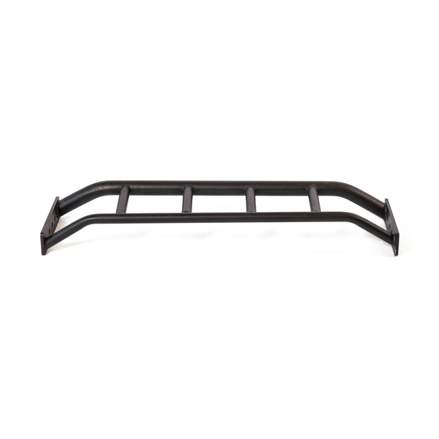 The Bells of Steel Multi-Grip Pull Up Bar sits atop a black metal ladder-style car roof rack with four crossbars—perfect for mounting this versatile strength training tool and transporting your gear, all shown from above on a white background.