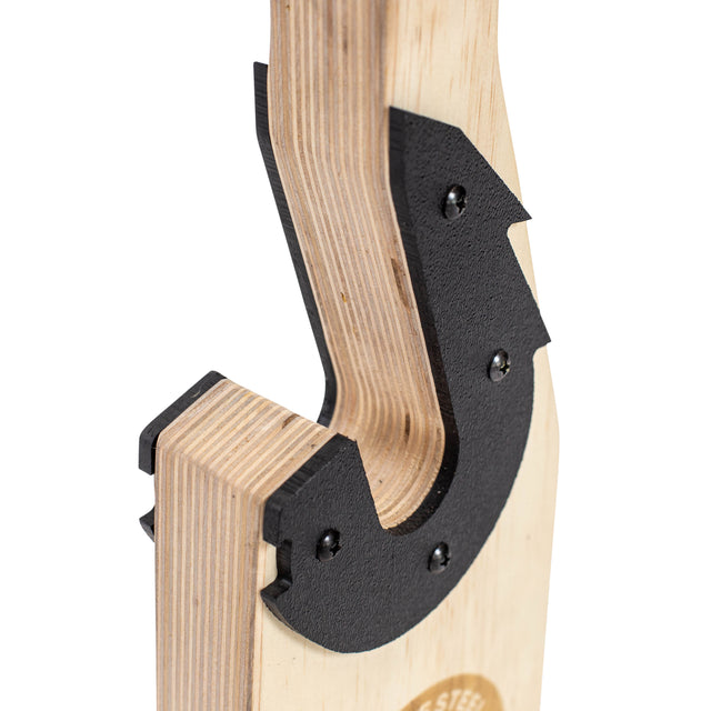 Close-up of the Bells of Steel Meat Hook Deadlift Jack, a wooden barbell jack with a layered design and a black, textured metal notched hook secured by screws—perfect portable equipment for easy deadlift setups.