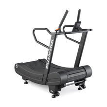 The Bells of Steel Blitz Magnetic Resistance Manual Treadmill is a black, curved treadmill with sturdy handrails, a digital display, and a slatted surface for sled push workouts, shown against a white background.