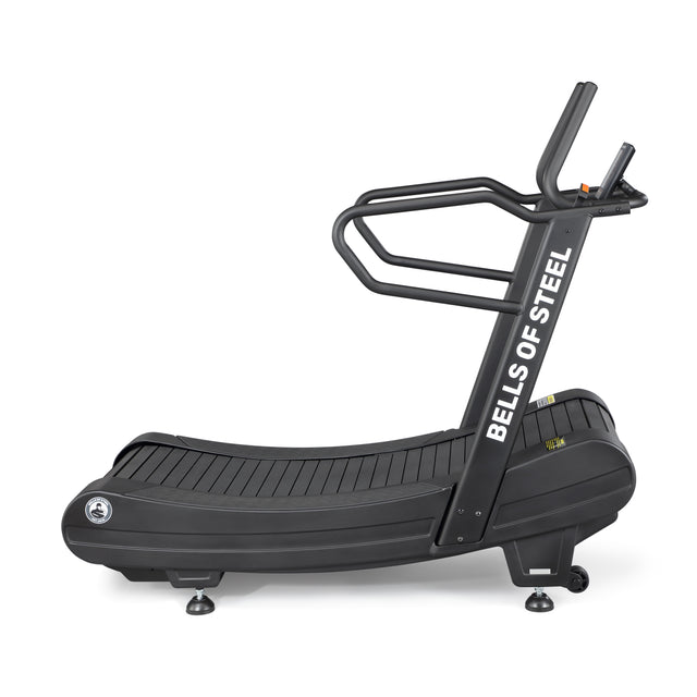 The Blitz Magnetic Resistance Manual Treadmill by Bells of Steel features a black curved design with raised handrails and branding on the side—perfect for intense sled push treadmill workouts.
