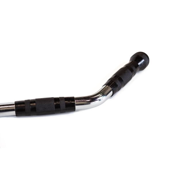 A close-up of the Bells of Steel MULTI-PURPOSE V STYLE BAR handlebar featuring a black rubber grip and curved end, ideal as a cable machine attachment, isolated on a white background.
