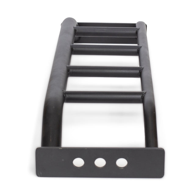 The Bells of Steel Multi-Grip Pull Up Bar is a black metal bar with four horizontal grips and three circular holes on the front plate, perfect for strength training or gym exercises like pull-ups.