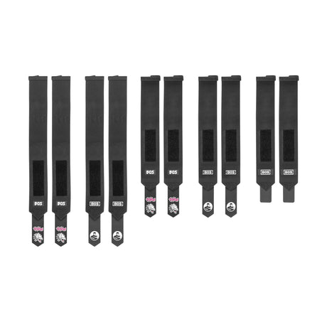 Nine Bells of Steel Mighty Wrist Wraps, made of black nylon with Velcro fasteners and branded labels, are lined up on a white background. These wraps offer wrist support and style—perfect for powerlifting essentials.