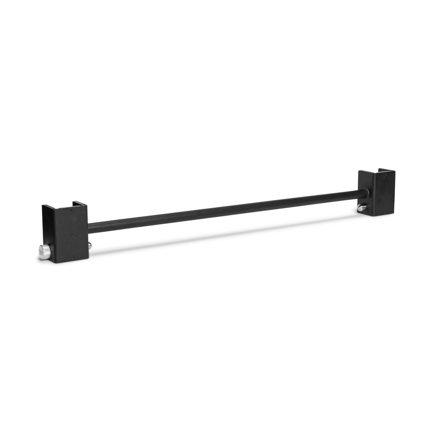 The Bells of Steel Adjustable Pull-up Bar Rack Attachment is a black 6-gauge steel bar with rectangular mounts and bolts for easy installation, perfect for structural support or mounting. Shown against a plain white background.
