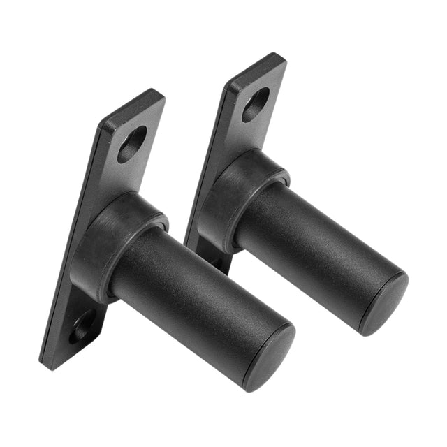 Bells of Steel Bolt-On Plate Pegs: Set of two black metal wall brackets with cylindrical pegs and rectangular mounting plates, each with two screw holes, designed to support rods, bars, or similar items.