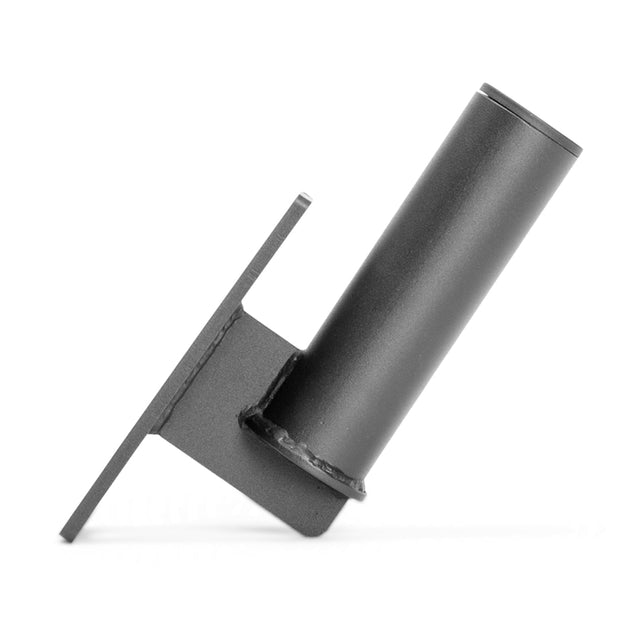 The Bells of Steel Vertical Mount Barbell Holder Rack Attachment is a black, metal bracket with a flat square base, angled for efficient barbell storage and power rack organization.