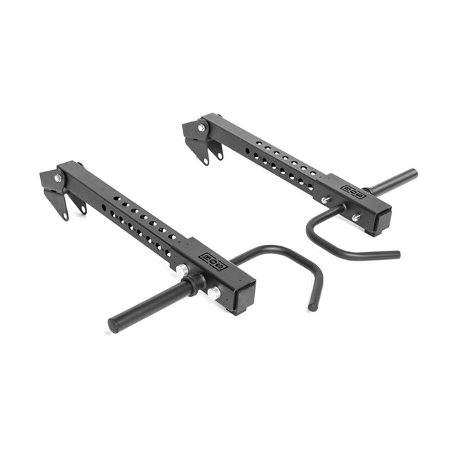 Two black Bells of Steel Lever Arms Rack Attachments, featuring multiple height settings, safety pins, and hooks for weights, are shown parallel on a white background. These space-saving metal attachments enhance rack versatility.