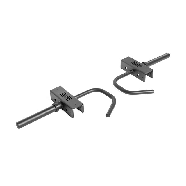 The Bells of Steel Lever Arms Rack Attachment includes two black metal safety spotter arms with U-shaped hooks and adjustable rectangular brackets for secure installation on a squat rack or power cage.