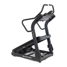 The Blitz Mountain Climber Treadmill by Bells of Steel is a sleek black, manual treadmill with a curved surface and sturdy handlebars. Ideal for cardio enthusiasts seeking an incline experience, it features yellow branding on the side and "BELLS OF STEEL" printed on the base against a white background.