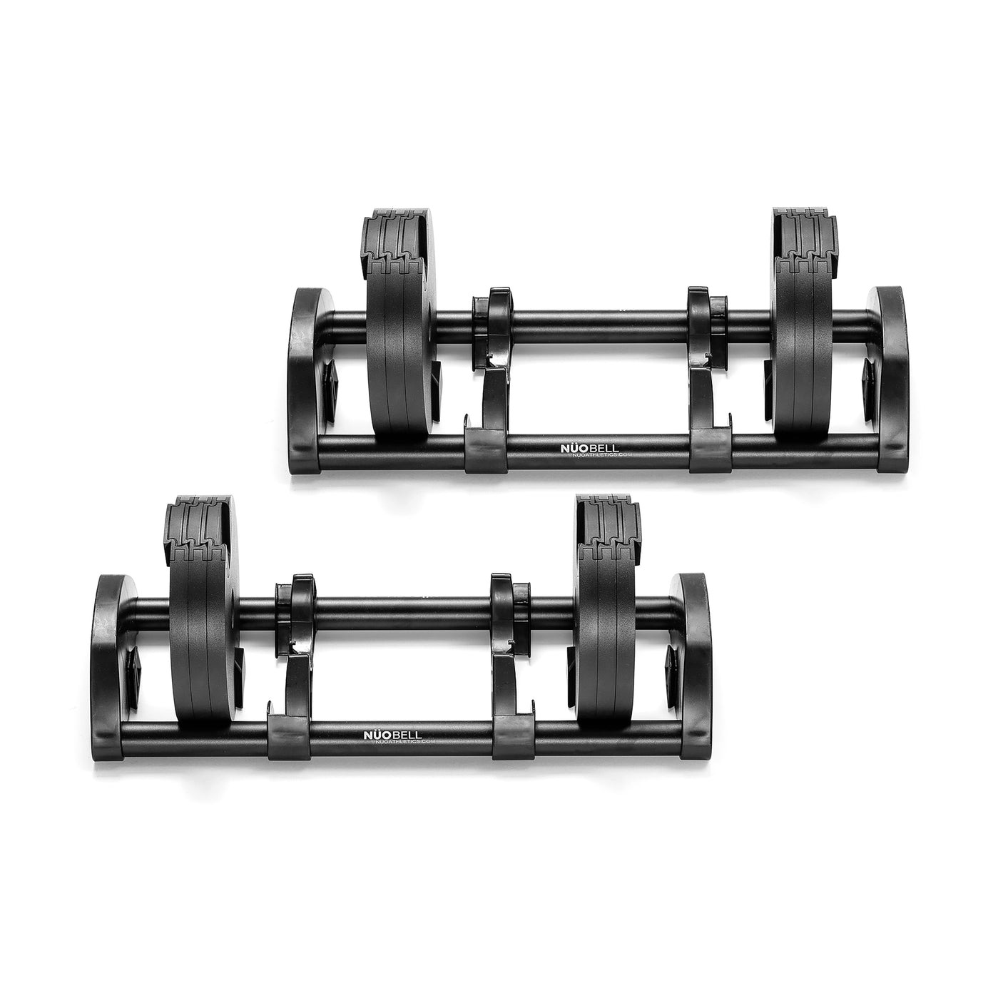 Two adjustable NÜOBELL dumbbells, complete with the 50 to 80 LB Expansion Kit (Standard Chrome), stand side by side on a white background. The compact, sleek black design allows customizable strength training up to 80 pounds per dumbbell.