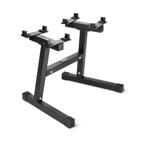 The Nuobell NÜOBELL Floor Stand features a sturdy, modern black metal build with four adjustable brackets, rectangular legs, and rubber feet for space-efficient dumbbell storage.