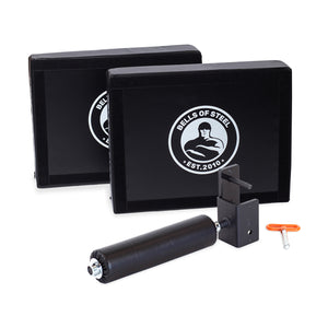 The Hydra Nordic Curl Package by Bells of Steel, shown on a white background, includes two black foam deadlift pads with the brand logo, a split squat attachment with a padded bracket, and an orange adjustment tool.