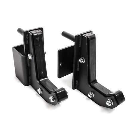 Two black metal Bells of Steel Sandwich J-Cups with bolts and brackets, designed as heavy-duty rack attachments for holding barbells or a safety squat bar on a squat rack or power cage, displayed on a white background.