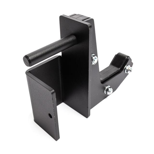 The Bells of Steel Sandwich J-Cups are black metal brackets with cylindrical rods and multiple bolts, designed for securely mounting heavy-duty rack attachments or supporting equipment like a safety squat bar.