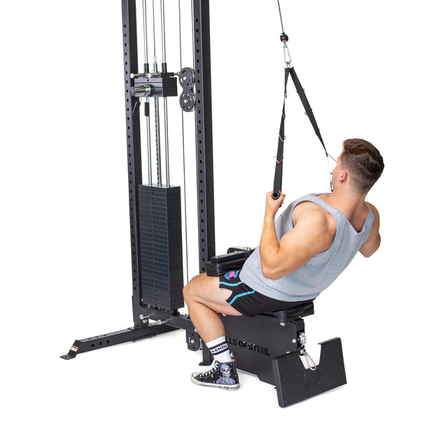 A man uses the Bells of Steel Nylon Adjustable Length Single Handle Cable Attachment to perform a seated row on a cable machine, pulling the handle toward his torso while seated on a bench against a white background.