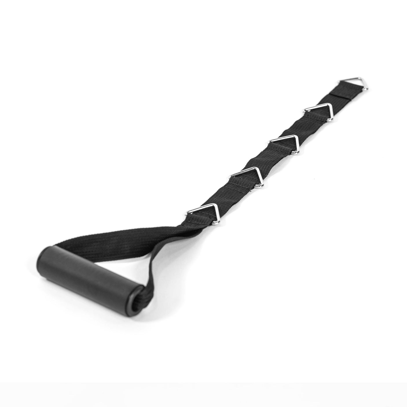 The Bells of Steel Nylon Adjustable Length Single Handle Cable Attachment is a black handle with padded grip and multiple metal loops, designed for workouts and shown on a white background.