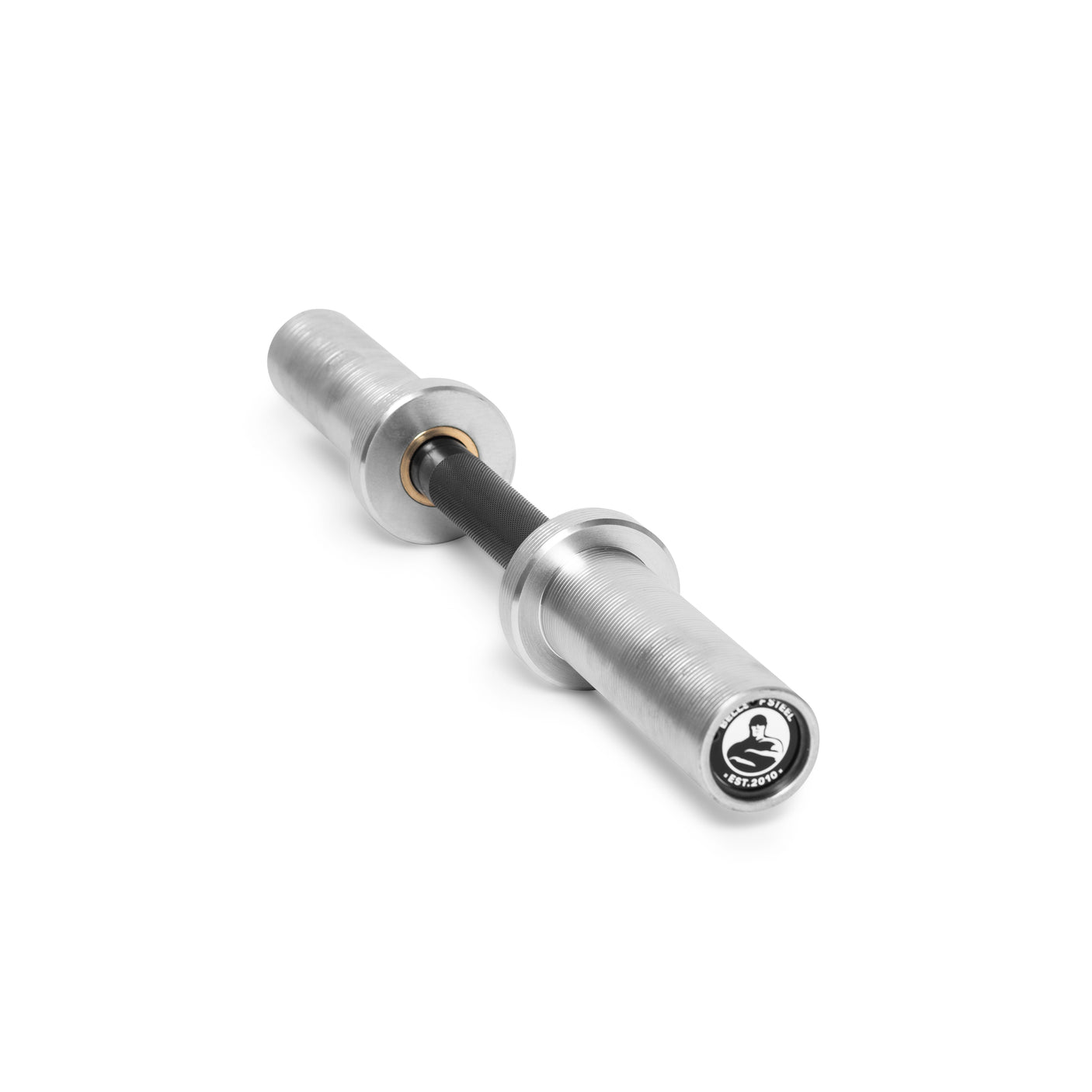 The Bells of Steel Loadable Dumbbell Handle, featuring a silver and black finish with knurled grips and branded end cap, is essential gym equipment for any home gym—shown isolated on a white background.