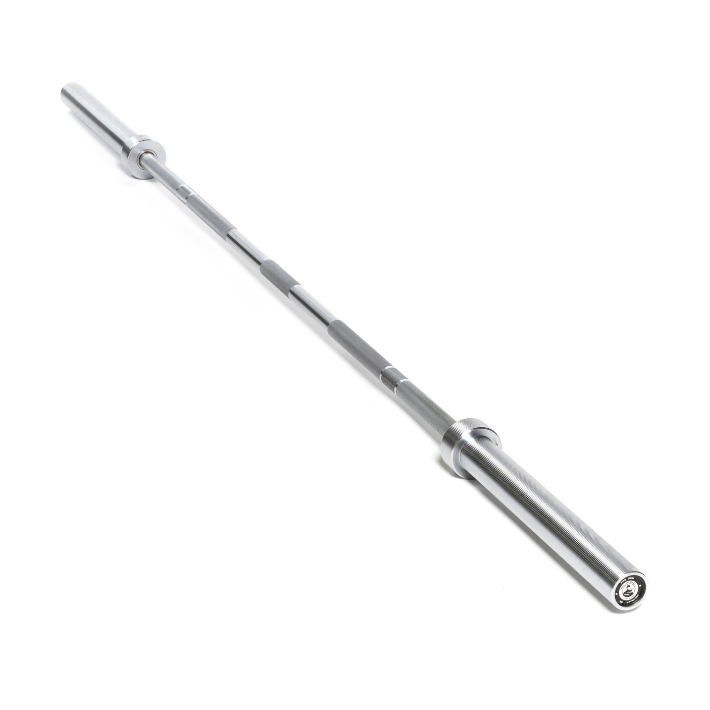 The Bells of Steel Olympic Weightlifting Barbell is shown diagonally on a white background, highlighting its smooth and textured grip areas and thick, cylindrical ends for loading weight plates.