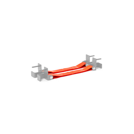 The Bells of Steel Safety Straps for Hydra & Manticore Racks are small orange bands with silver-gray plastic hooks, designed for added protection during workouts. Ideal as rack safety straps. Shown on a plain white background.