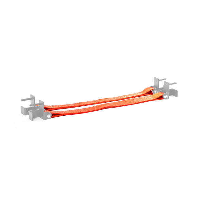 A pair of orange nylon Safety Straps for Hydra & Manticore Racks by Bells of Steel, secured with bolts between gray metal brackets, serves as a protective or support device for your power rack.