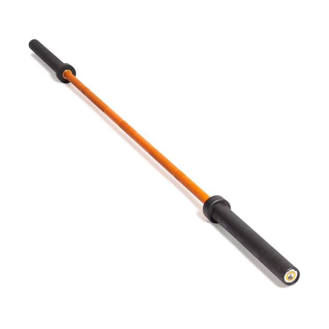The Multi-Purpose Olympic Barbell – The Utility Bar by Bells of Steel, featuring a long orange design with black grips on both ends, is laid diagonally on a plain white background.