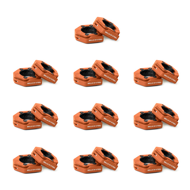 Twelve identical orange Bells of Steel Magnetic Clamp Collars are arranged in a grid on a white background, resembling compact barbell collars or weight plate clamps.