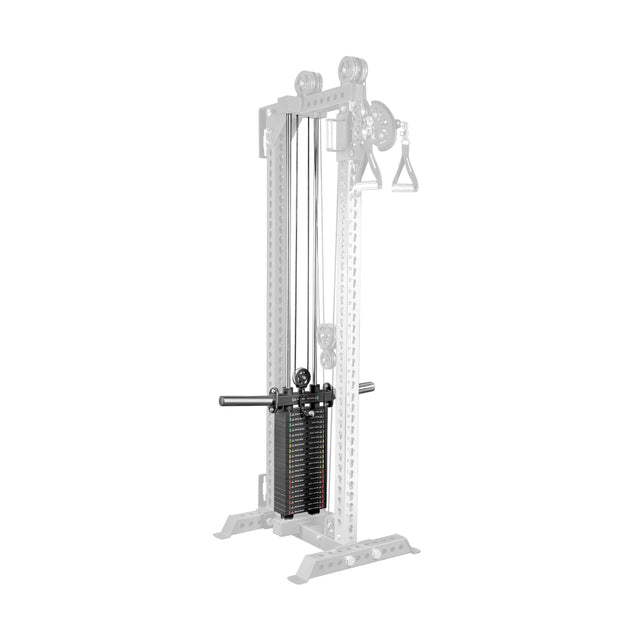 The Bells of Steel USA Oblivyon Tower - 3" x 3” Cable Tower is a versatile strength training machine featuring a single weight stack, handle attachment, and an adjustable metal frame—ideal for home gyms. The partially faded frame enhances its appeal.