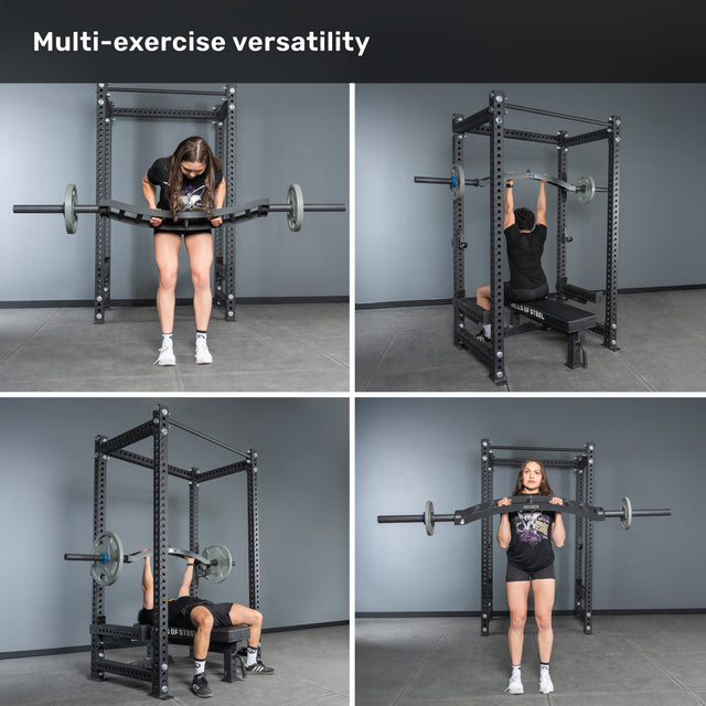Four images show a woman using the Bells of Steel Arch Nemesis Swiss Bar and a weight rack for bent-over row, overhead press, bench press, and standing barbell press. Caption: "Multi-exercise versatility with specialty barbells.