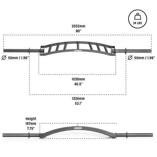Diagram of the Bells of Steel Arch Nemesis Swiss Bar, a 24 lb, curved specialty barbell (80" long, 1.96" sleeves), with a 7.75" arch height; features grip dimensions and side profile—ideal for bench press training.