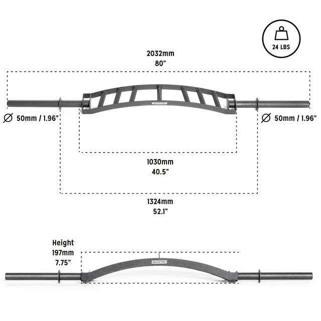 Diagram of the Bells of Steel Arch Nemesis Swiss Bar, a 24 lb, curved specialty barbell (80" long, 1.96" sleeves), with a 7.75" arch height; features grip dimensions and side profile—ideal for bench press training.