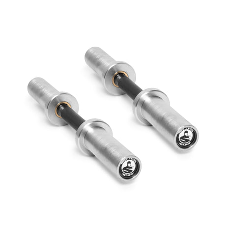 A pair of Bells of Steel Loadable Dumbbell Handles with knurled grips and branded end caps, featuring a silver and black design, are positioned parallel on a white background—essential equipment for any home gym.