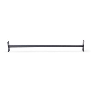 The Bells of Steel Straight Pull Up Bar is a black metal rod with mounting brackets on both ends, making it an easy-to-install, space-saving pull-up solution on any wall. Ideal for improving grip strength, it's set against a plain white background for clarity and simplicity.