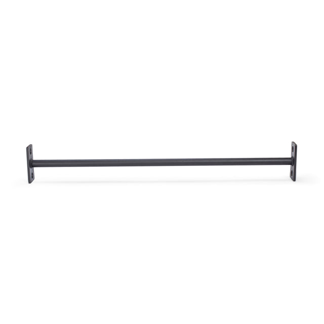 The Bells of Steel Straight Pull Up Bar is a black metal rod with mounting brackets on both ends, making it an easy-to-install, space-saving pull-up solution on any wall. Ideal for improving grip strength, it's set against a plain white background for clarity and simplicity.