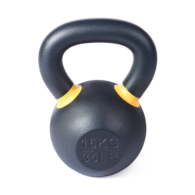 The Bells of Steel Powder Coated Kettlebells feature a black finish with a yellow accent near the handle, labeled "16KG" and "35LB," providing rust resistance and a strong grip, shown isolated on a white background.