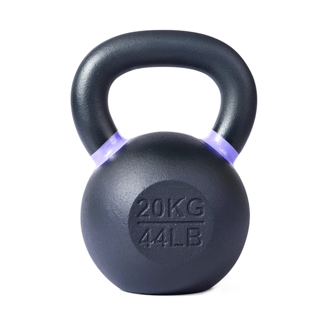 The Bells of Steel Powder Coated Kettlebell is black, features "20KG 44LB" engraving, offers rust resistance and a strong grip, and stands upright on a white background.