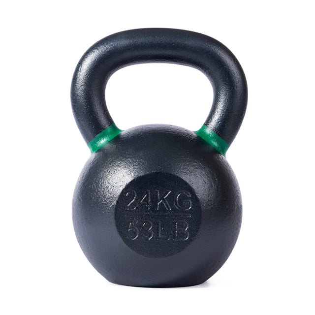 The Bells of Steel Powder Coated Kettlebell features a rust-resistant black finish, green-striped handle for strong grip, and is labeled "24KG" and "53LB." Premium construction; product isolated on a white background.