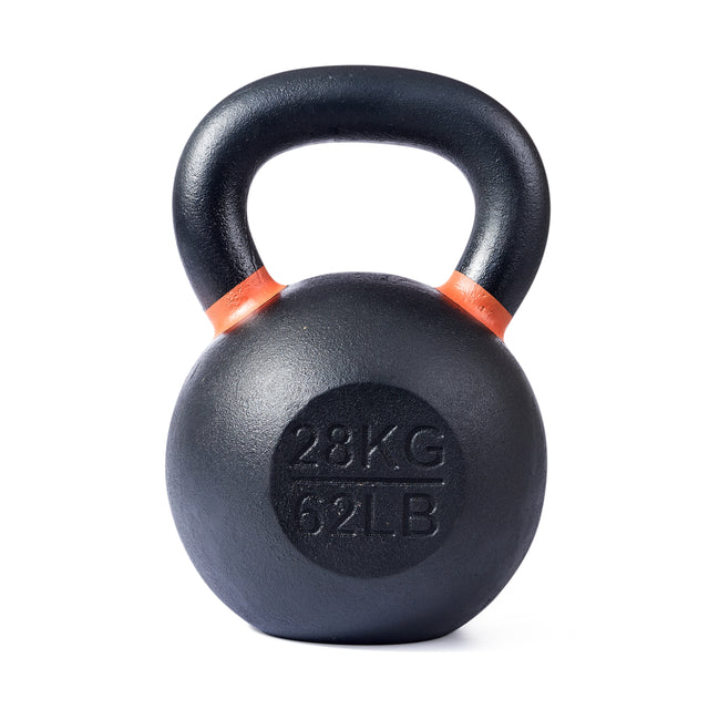 The Bells of Steel Powder Coated Kettlebell is a black, rust-resistant kettlebell with orange handle markings, labeled "28 KG" and "62 LB," offering a strong grip for versatile workouts on a white background.