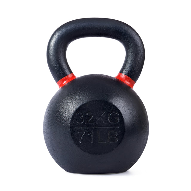 The Bells of Steel Powder Coated Kettlebell features red markings near the handle, "32 KG" and "71 LB" labels, a rust-resistant powder coating for a strong grip, and is displayed on a white background.