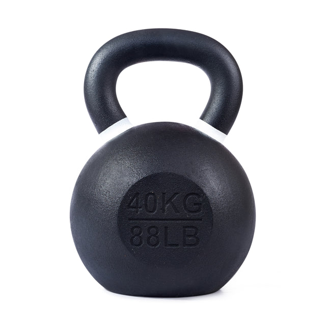 The Bells of Steel Powder Coated Kettlebell, labeled "40KG 88LB," features a black rust-resistant finish and curved handle for a strong grip, standing upright on a white background.