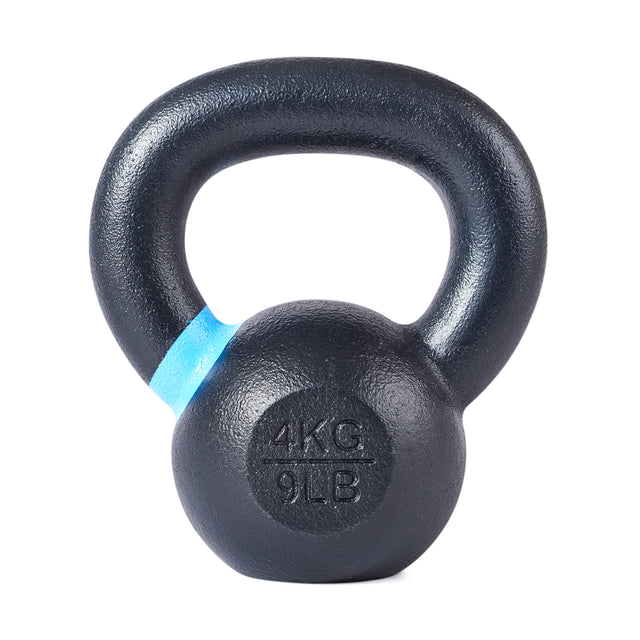 The Bells of Steel Powder Coated Kettlebell, 4kg (9lb), features a black cast-iron build with a blue-marked handle. Its premium powder coating provides excellent rust resistance and lasting durability. Shown against a white background.