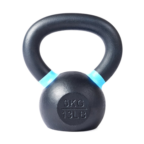 The Bells of Steel Powder Coated Kettlebell is shown in black with “6KG” and “13LB” engravings; two light blue bands by the thick handle enhance grip and provide extra rust resistance.