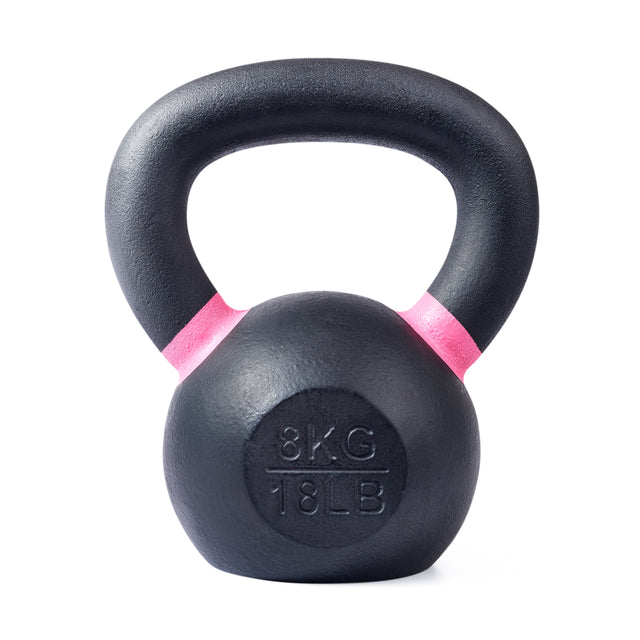 The Bells of Steel Powder Coated Kettlebells, featuring pink accents and an 8 kg (18 lb) label, offer rust resistance and a strong grip, displayed against a white background.