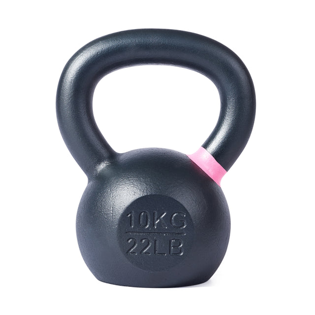 The Bells of Steel Powder Coated Kettlebell, in black with a pink accent by the handle, features rust resistance and a strong grip. The front shows its weight: 10 KG (22 LB). Displayed on a plain white background.