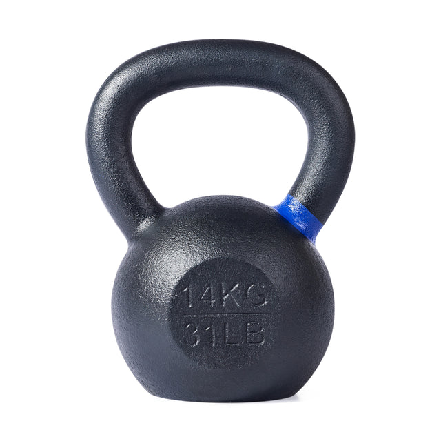 The Bells of Steel Powder Coated Kettlebell is black with a blue stripe near the handle, features a rust-resistant premium finish, and offers a strong grip. The front displays its weight as 14 kg (31 lb).