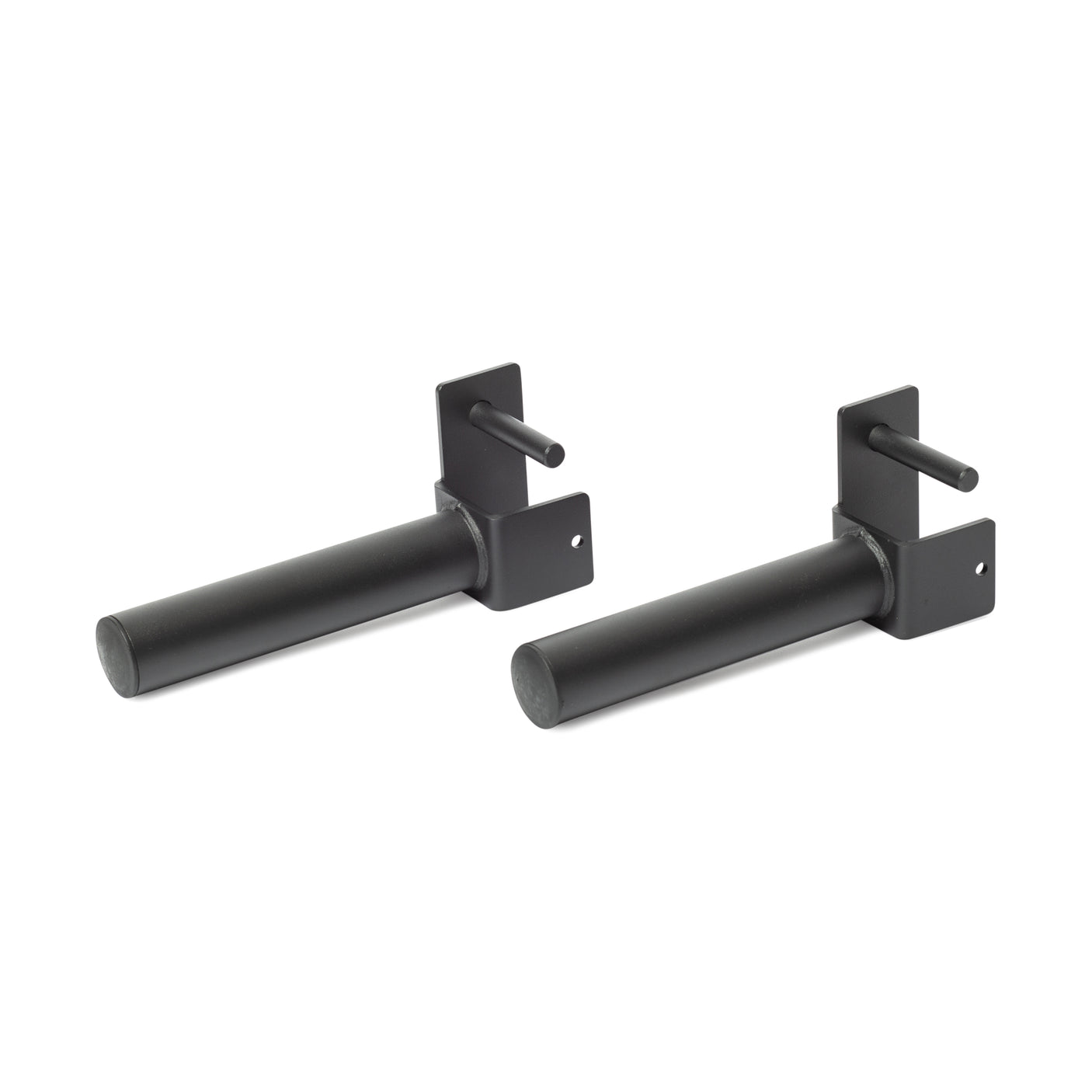The Bells of Steel Pin Plate Pegs are black metal wall brackets with cylindrical arms and rectangular mounts, each with a vertical peg—ideal for Olympic weight plate storage or use as versatile power rack accessories.