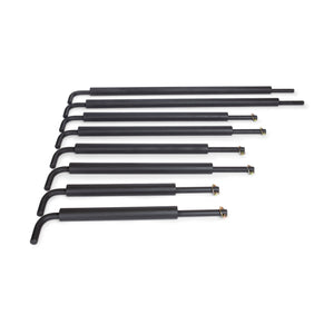Seven black gas struts from Bells of Steel are arranged in a row on a white background, ideal for enhancing stability and protection when used with Pin Pipe Safeties.