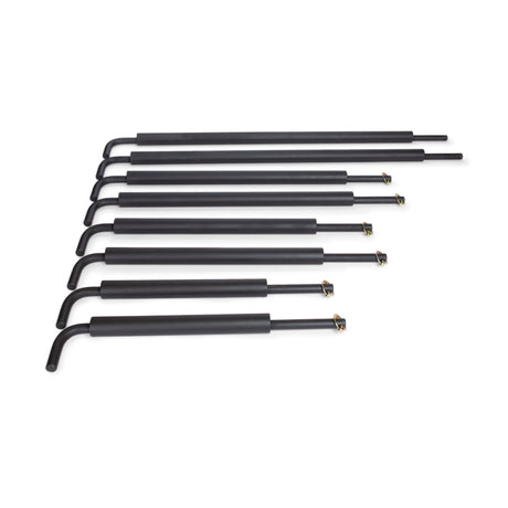 Seven black gas struts from Bells of Steel are arranged in a row on a white background, ideal for enhancing stability and protection when used with Pin Pipe Safeties.