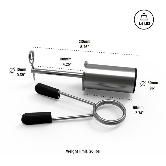 The Bells of Steel Weight Stack Pin features a metallic cylindrical body, a ring handle with black grips, supports up to 20 lbs, weighs 1.4 lbs, and includes both millimeter and inch dimensions for precise micro loading.