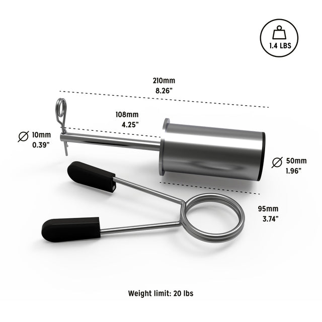 The Bells of Steel Weight Stack Pin features a metallic cylindrical body, a ring handle with black grips, supports up to 20 lbs, weighs 1.4 lbs, and includes both millimeter and inch dimensions for precise micro loading.